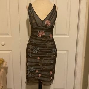 BCBG MaxAzria Embroidered Chocolate Ruched Tulle w/ Baby Blue Lining Dress Sz 6